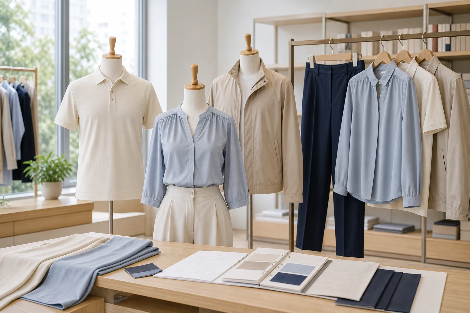 Refined cut-and-sew and woven apparel collection with fabric swatches in a development studio