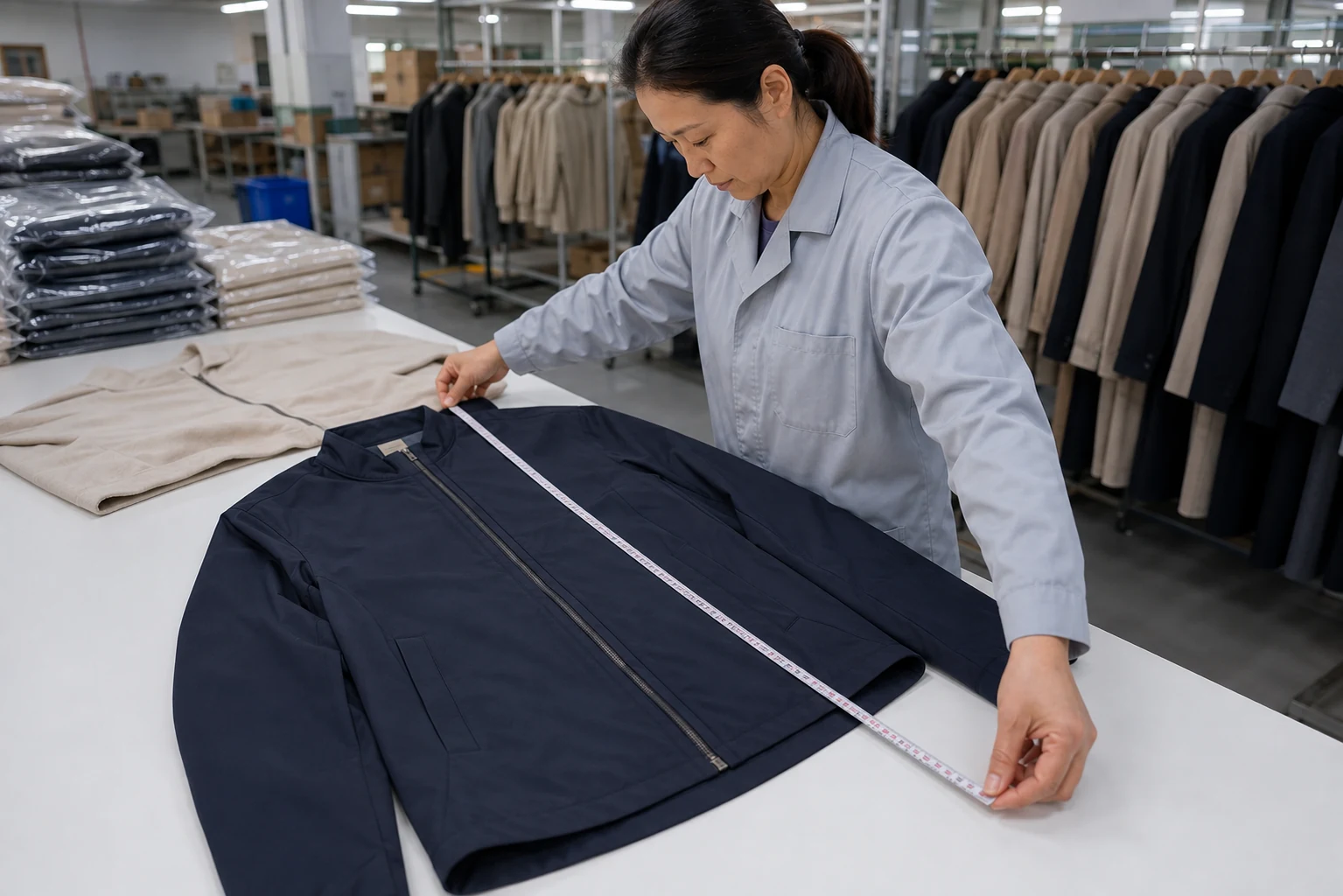 Quality-control technician measuring a navy lightweight jacket during garment production
