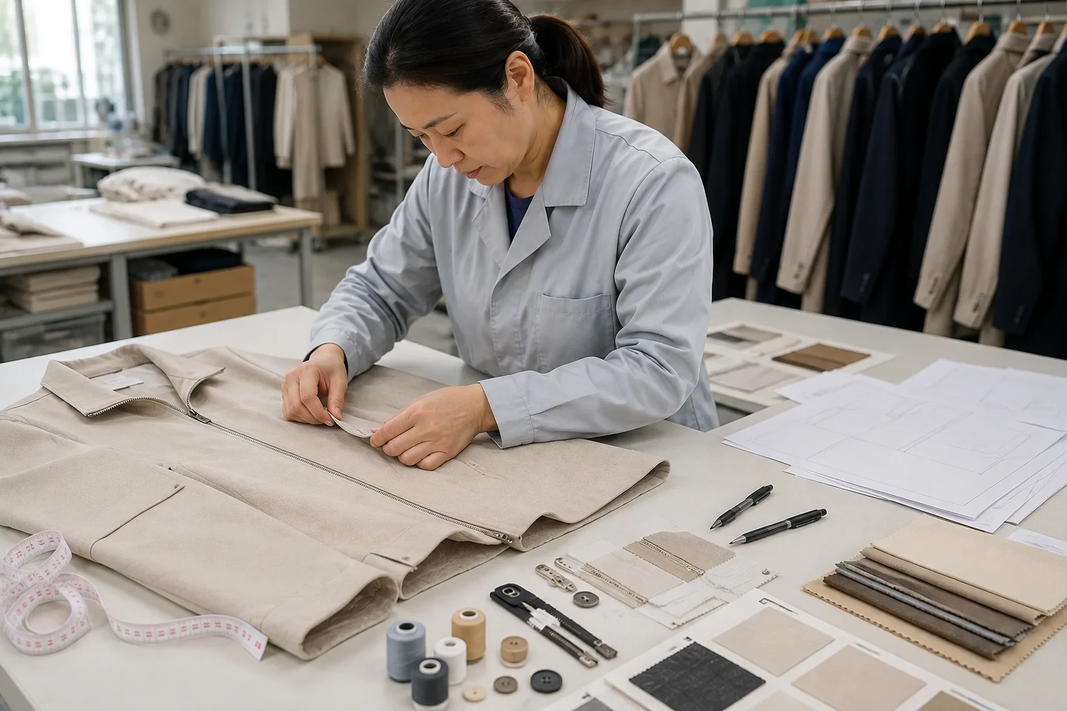 Apparel technician reviewing a woven jacket sample, pattern pieces and fabric swatches