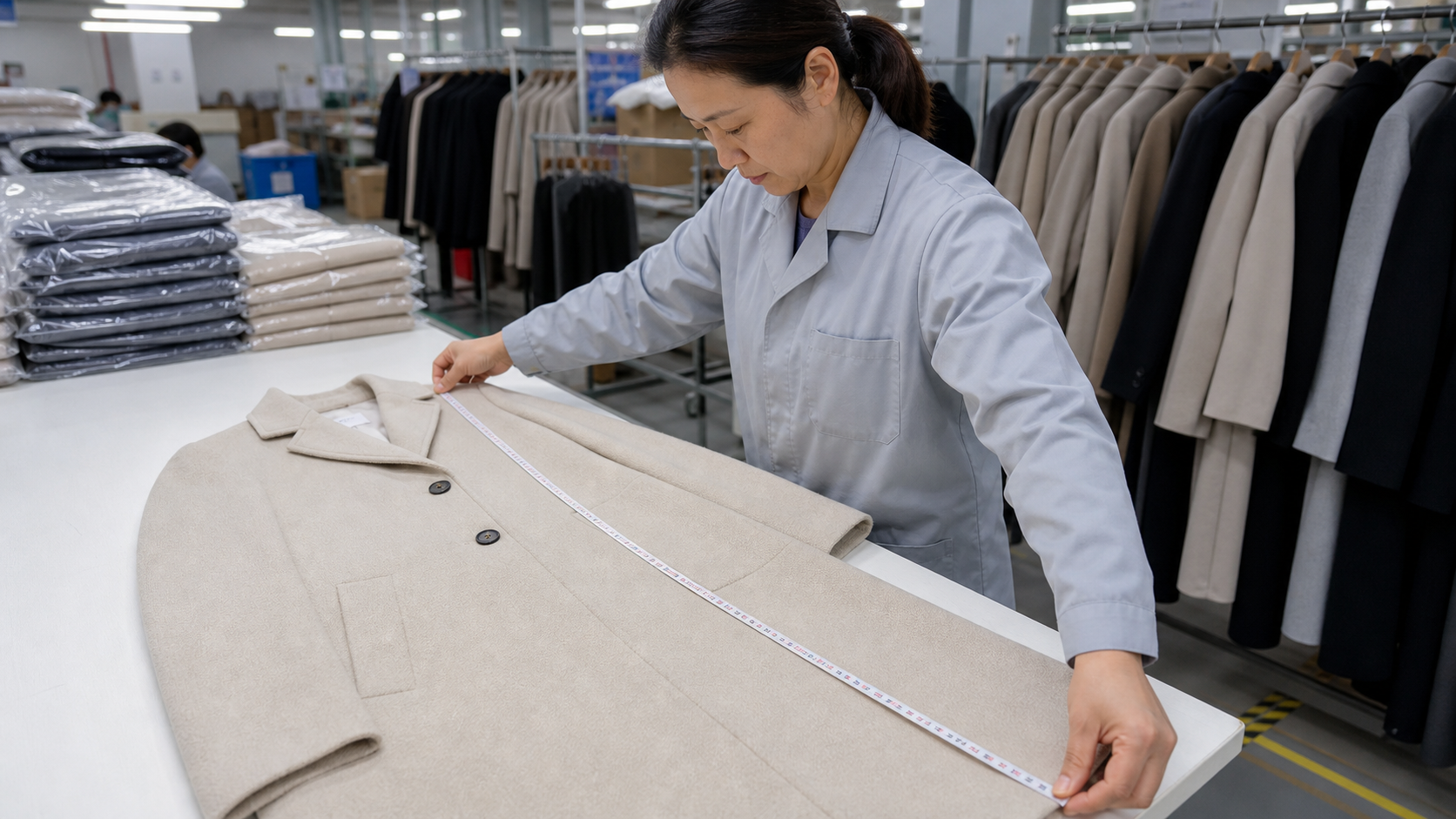 大連のアパレル工場における品質検品のイメージ